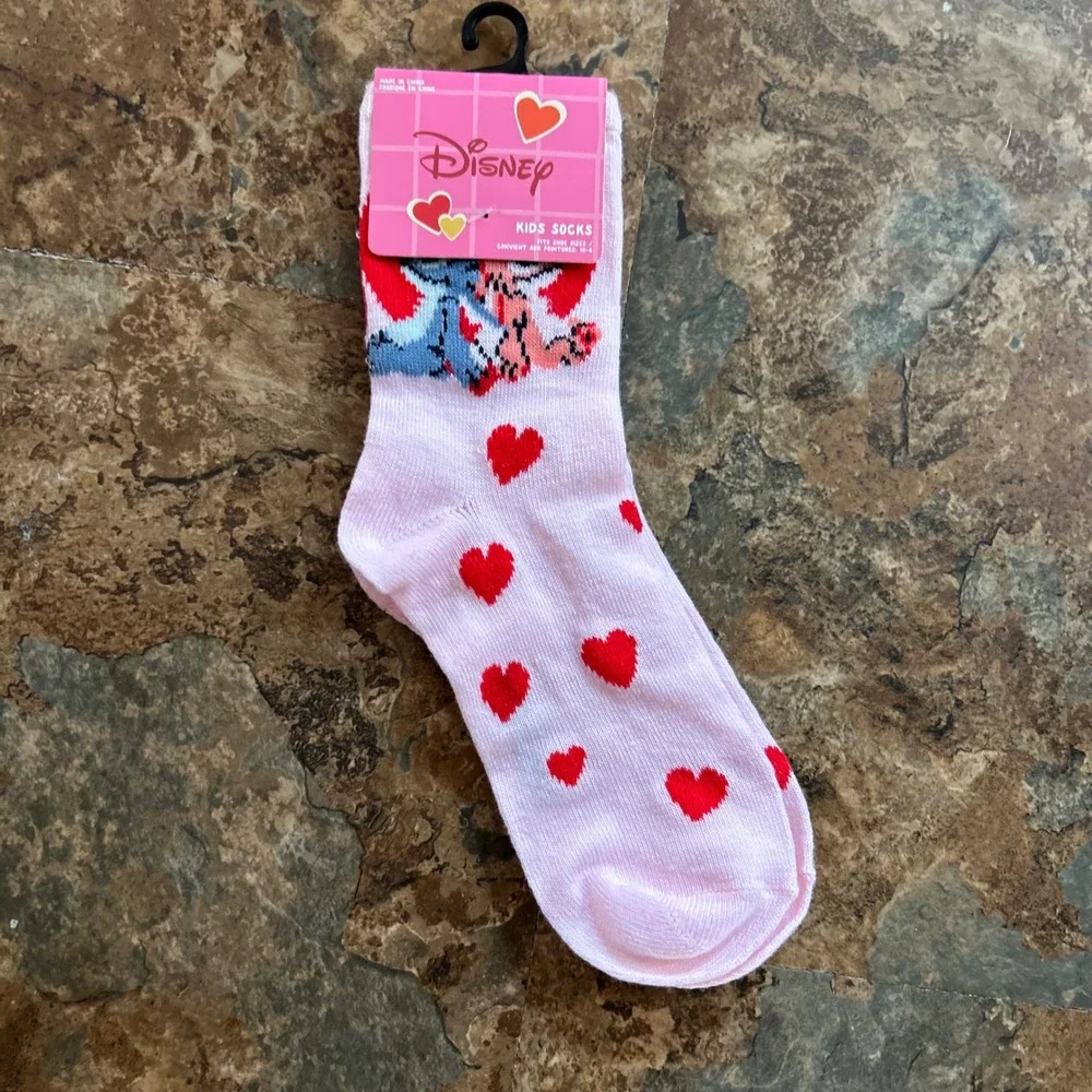 Disney Stitch Socks Kids Girls Shoe Size 10-4 Pink Hearts